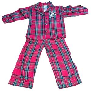 VTG Disney Store Mickey Santa Christmas Red Plaid Flannel Pajama Set 2T